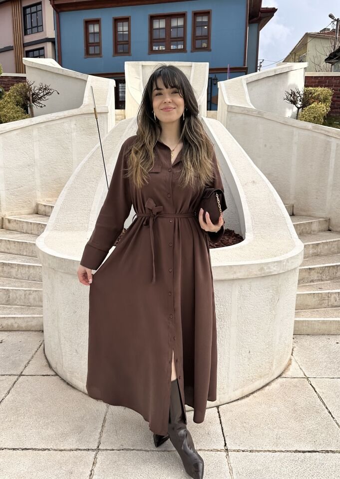 Supra Kahve Kuşaklı Gömlek Elbise