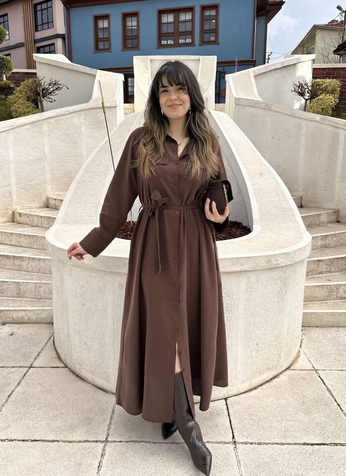 Supra Kahve Kuşaklı Gömlek Elbise