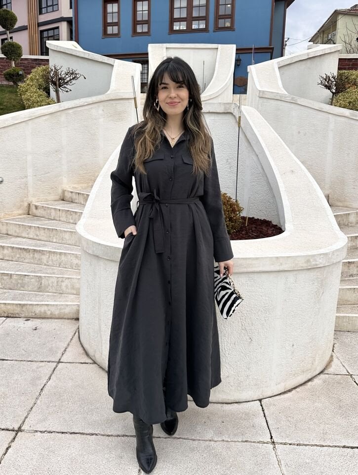 Supra Siyah Kuşaklı Gömlek Elbise