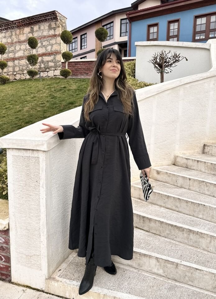 Supra Siyah Kuşaklı Gömlek Elbise
