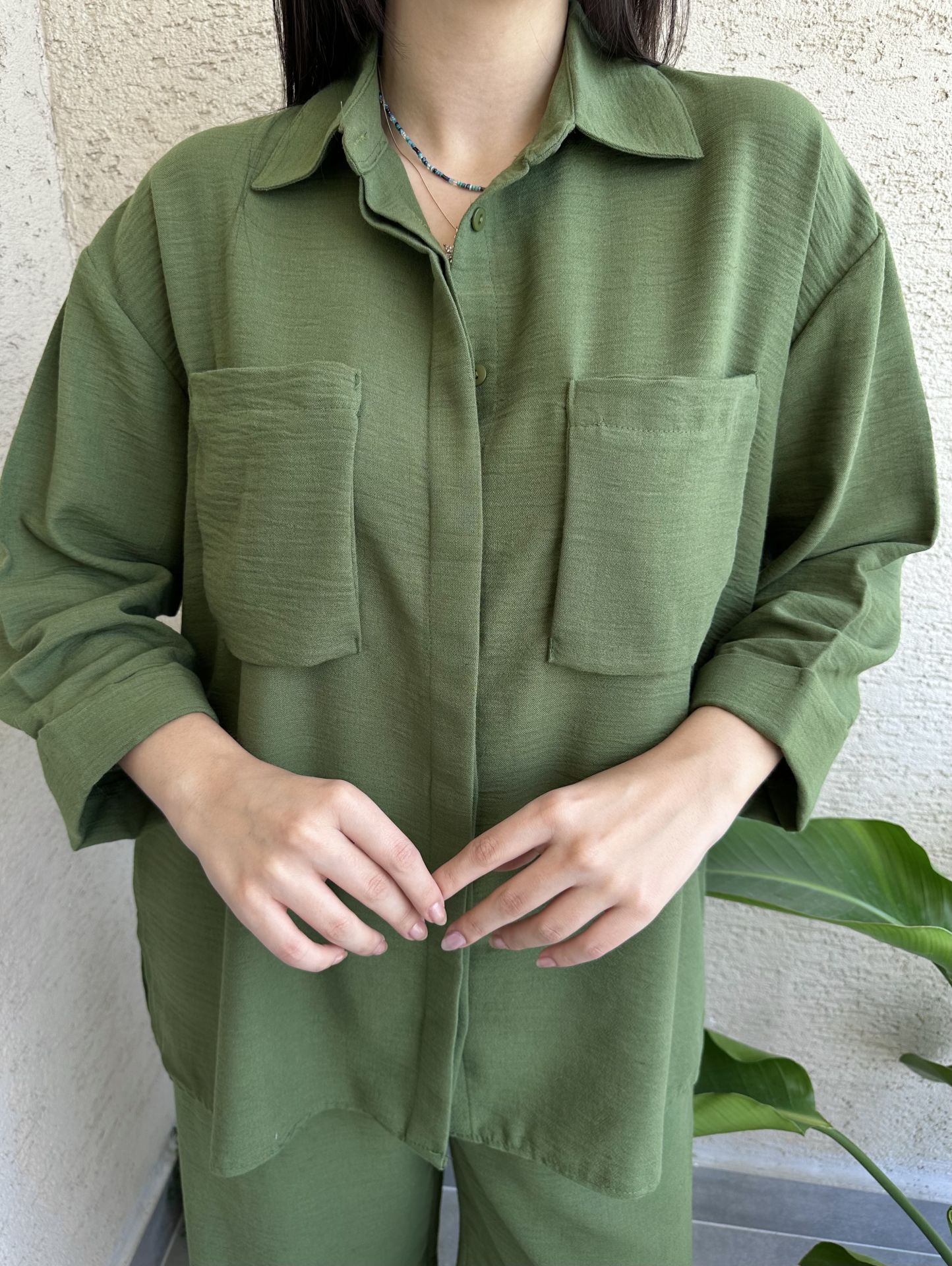 Cepli Keten Gömlek Pantolon Takım-Haki Yeşili