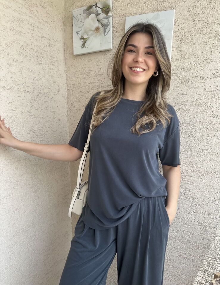 Antrasit Pileli Pantolon Tişört Modal Takım