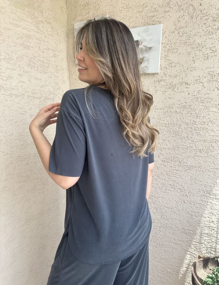 Antrasit Pileli Pantolon Tişört Modal Takım