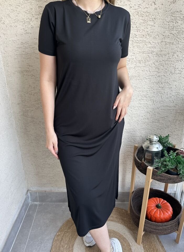 Kısa Kollu Modal Basic Elbise Siyah
