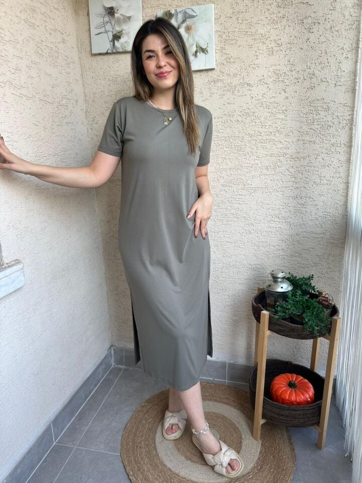 Kısa Kollu Modal Basic Elbise Haki Yeşili