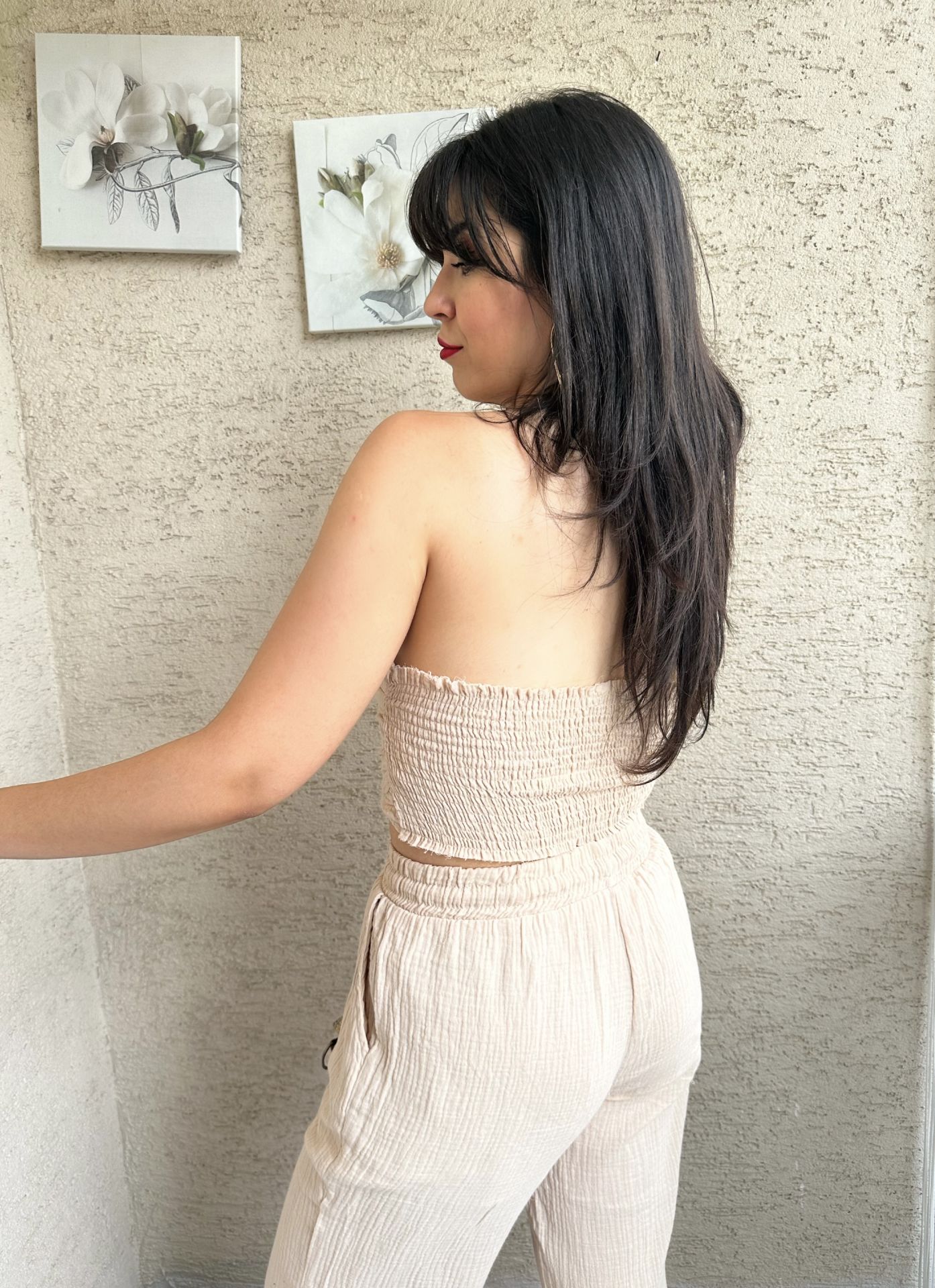 Bej Müslin  Bağlamalı Crop Bluz