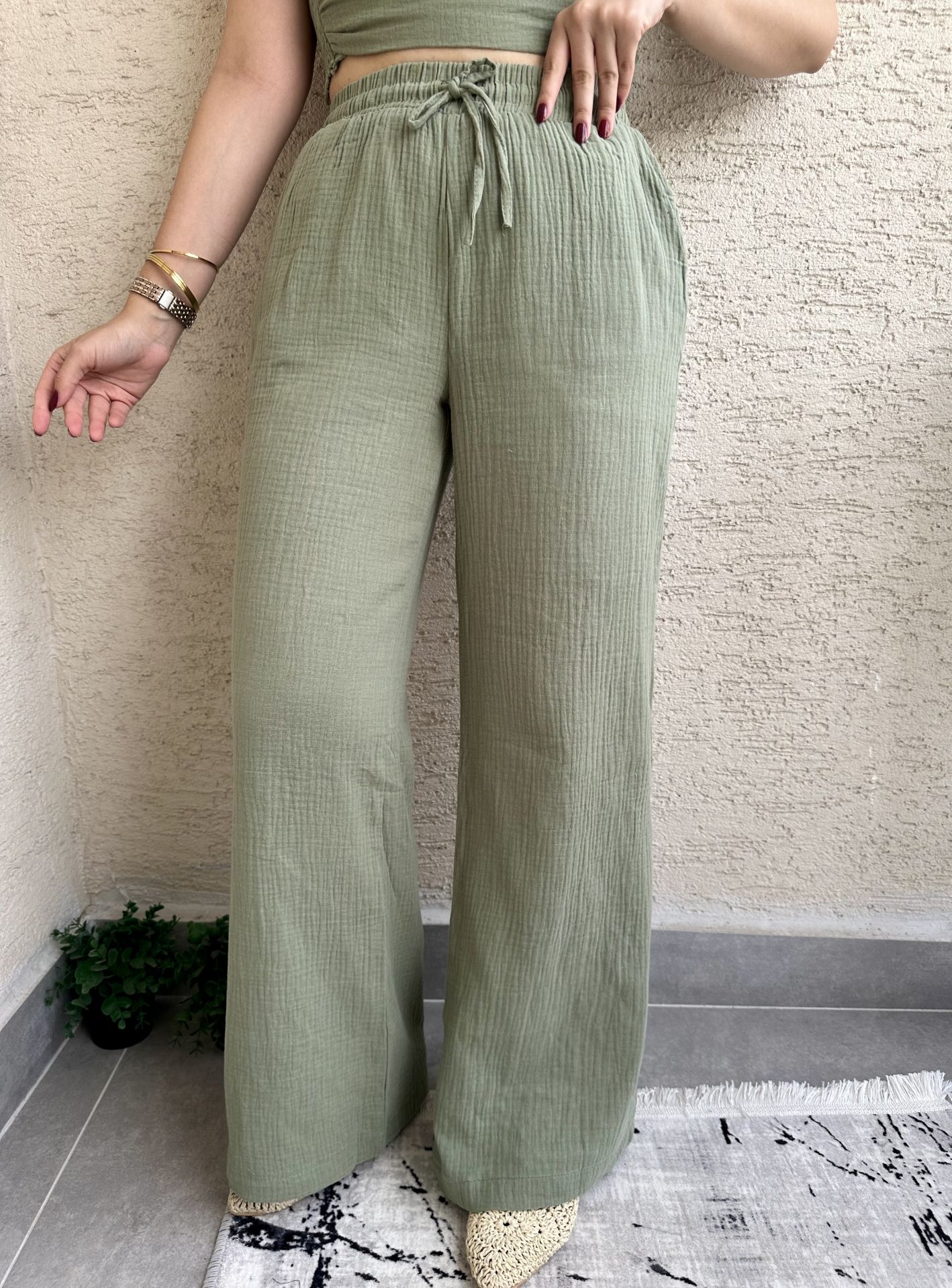 Haki Yeşili Müslin Palazzo Pantolon