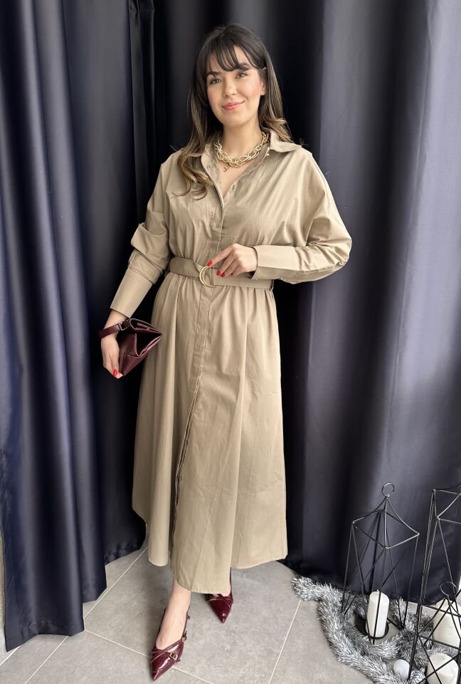 Sali Açık Yeşil Uzun Kollu Kuşaklı Elbise