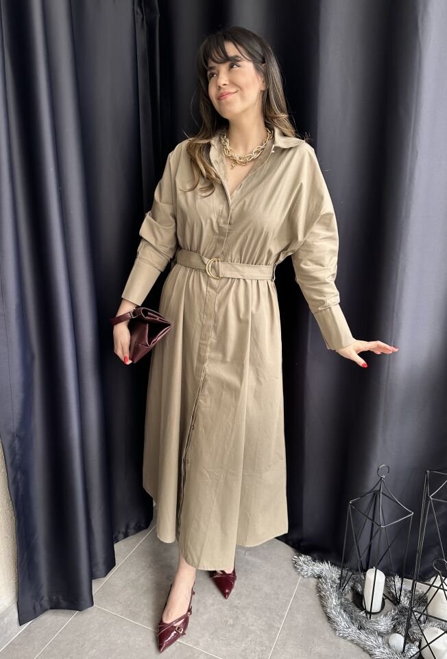 Sali Açık Yeşil Uzun Kollu Kuşaklı Elbise