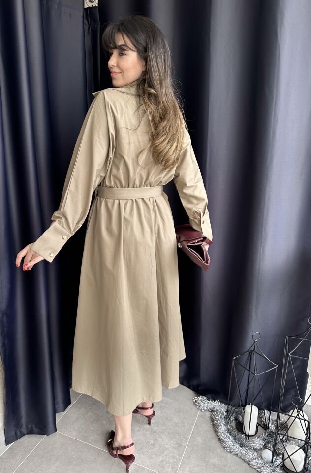 Sali Açık Yeşil Uzun Kollu Kuşaklı Elbise