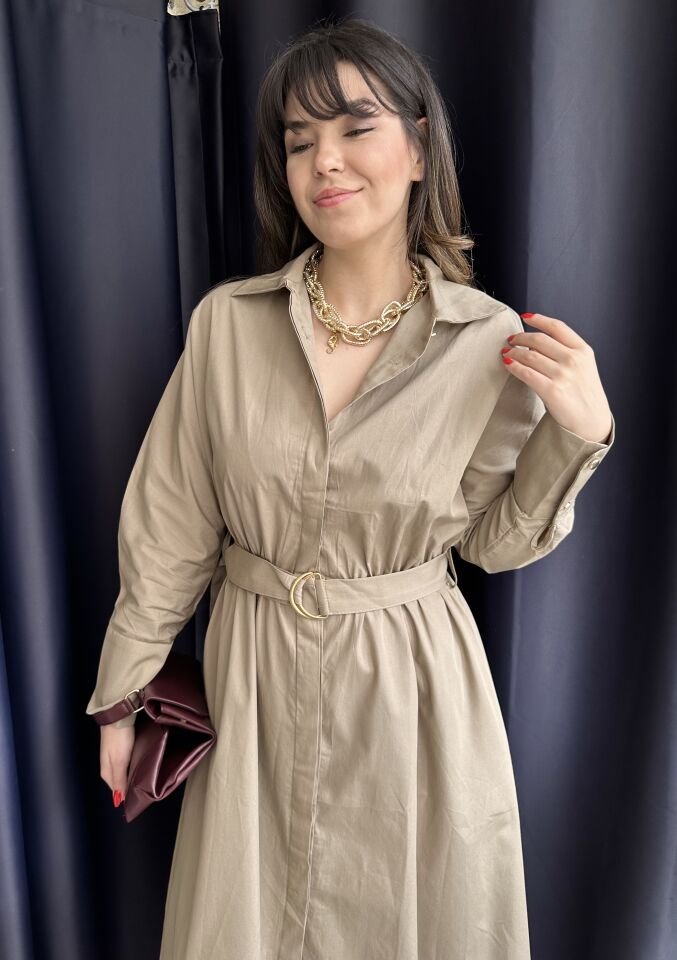 Sali Açık Yeşil Uzun Kollu Kuşaklı Elbise