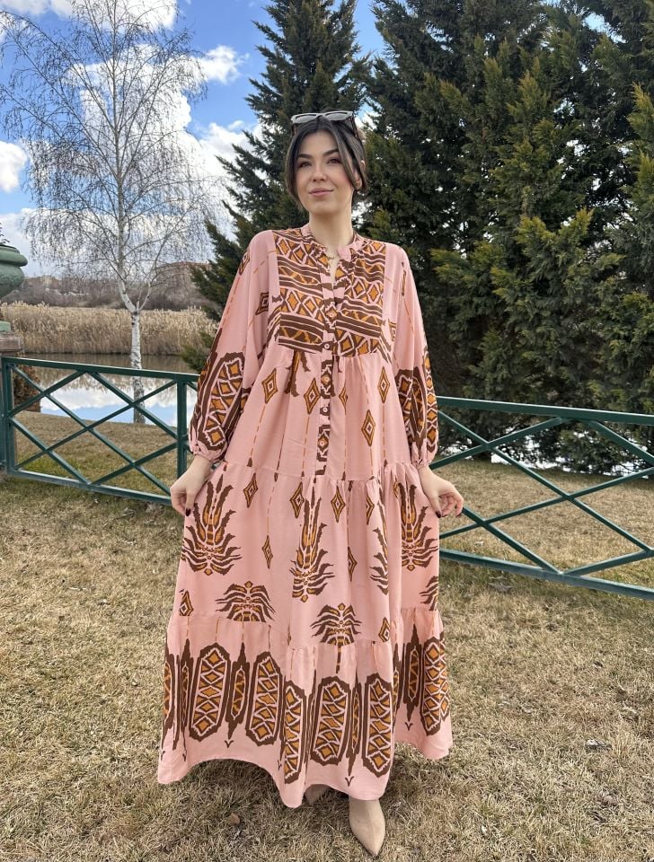 Katleya Toz Pembe Bohem Elbise