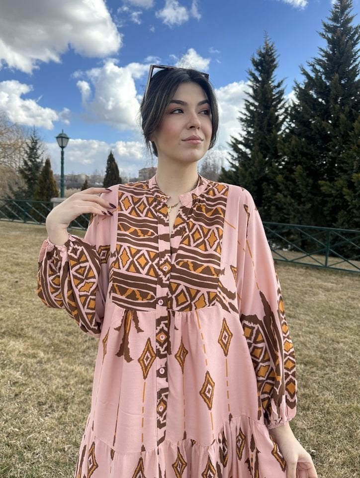 Katleya Toz Pembe Bohem Elbise