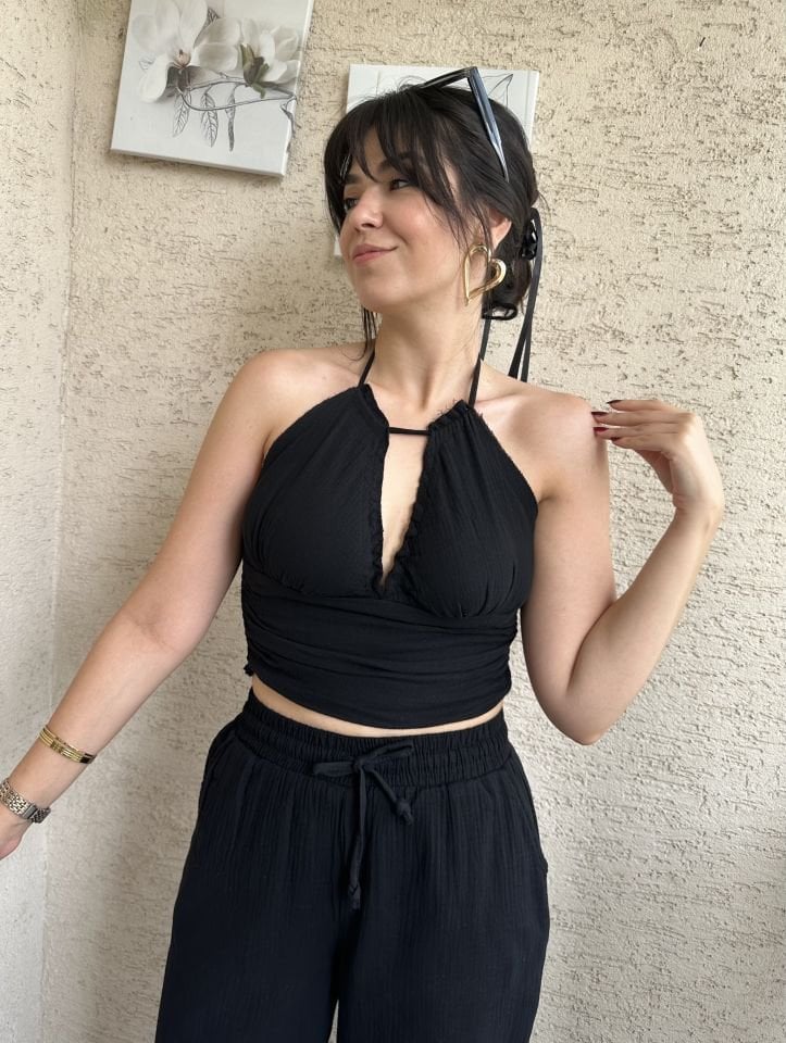 Siyah Müslin Bağlamalı Crop Bluz