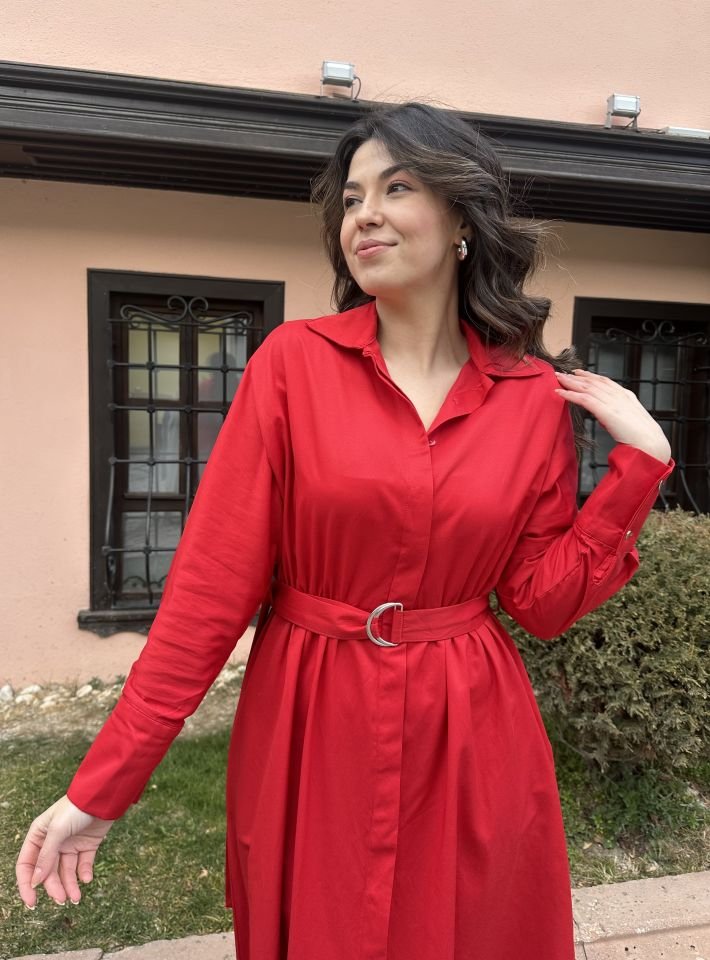 Kırmızı Pamuk Saten Elbise