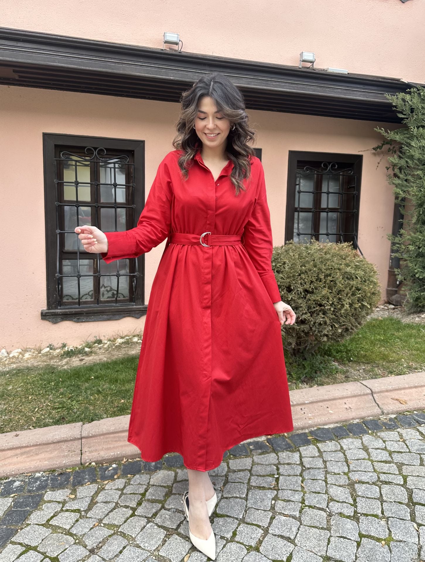 Kırmızı Pamuk Saten Elbise