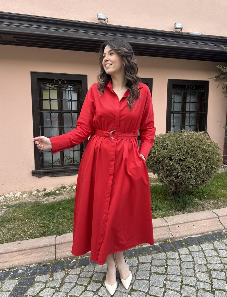 Kırmızı Pamuk Saten Elbise