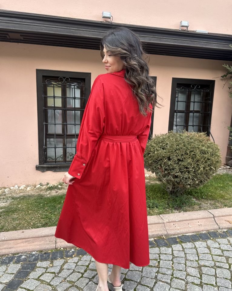 Kırmızı Pamuk Saten Elbise