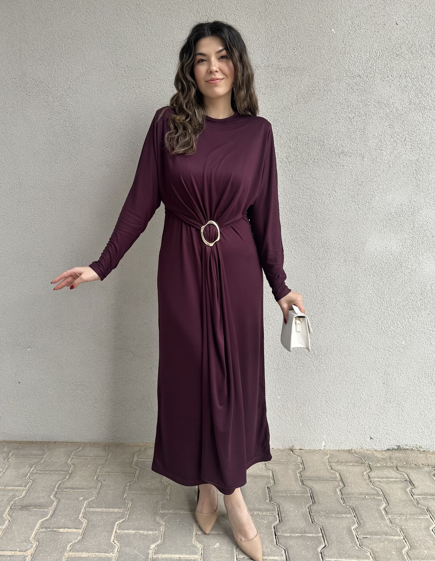 Gold Tokalı Mor Elbise