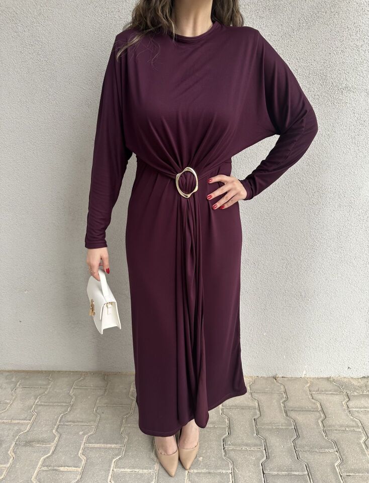 Gold Tokalı Mor Elbise