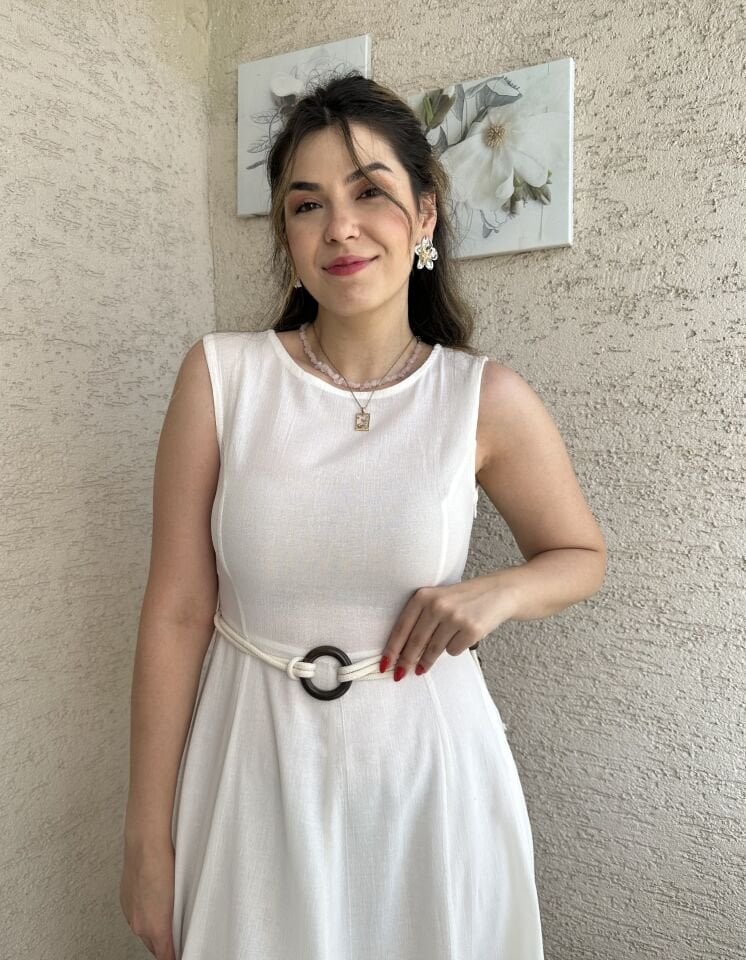 Beyaz Kemerli Belden Oturtmalı Keten Elbise