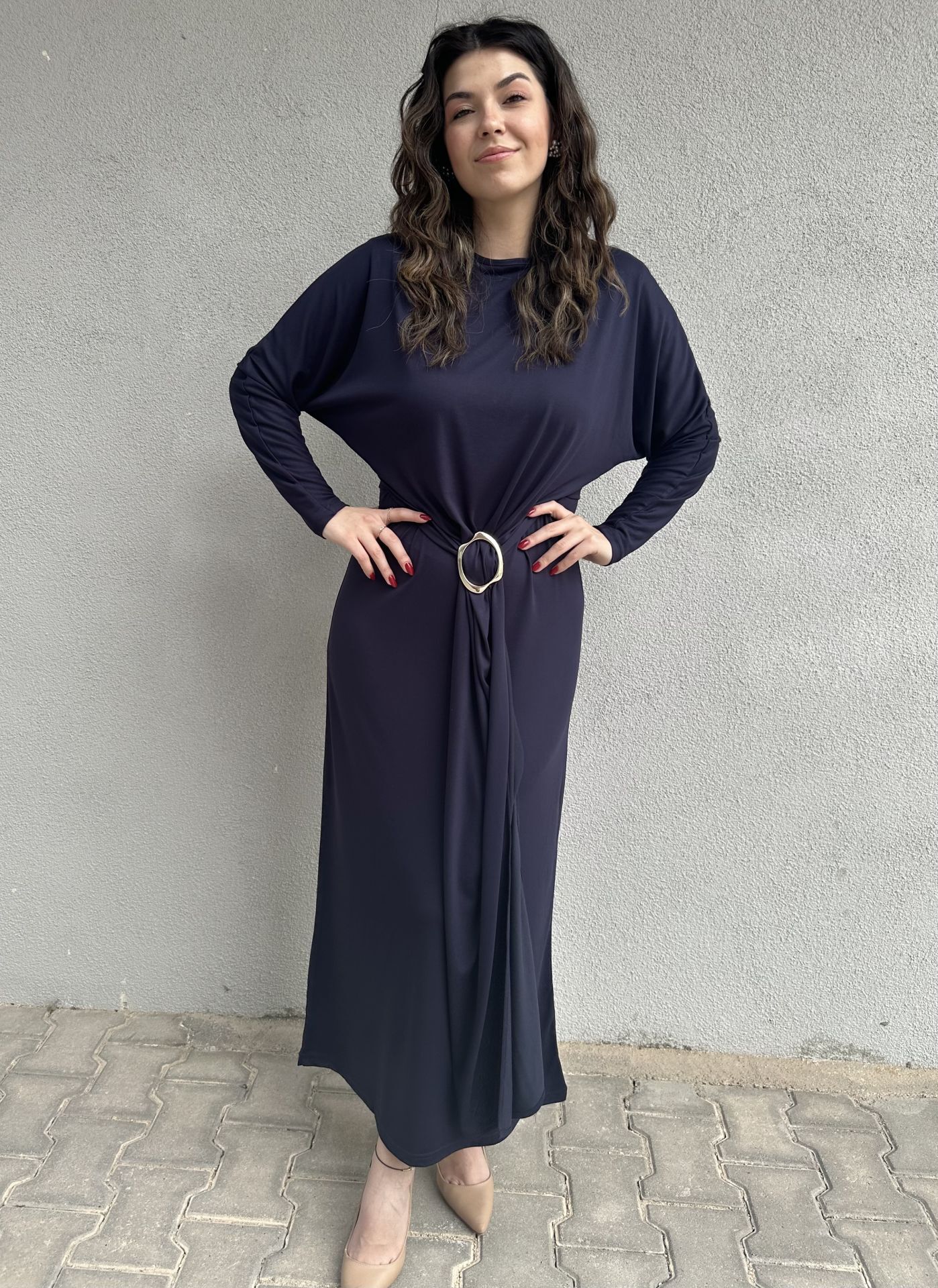 Gold Tokalı Lacivert Elbise