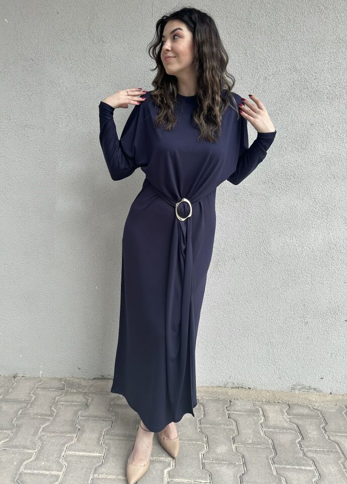 Gold Tokalı Lacivert Elbise