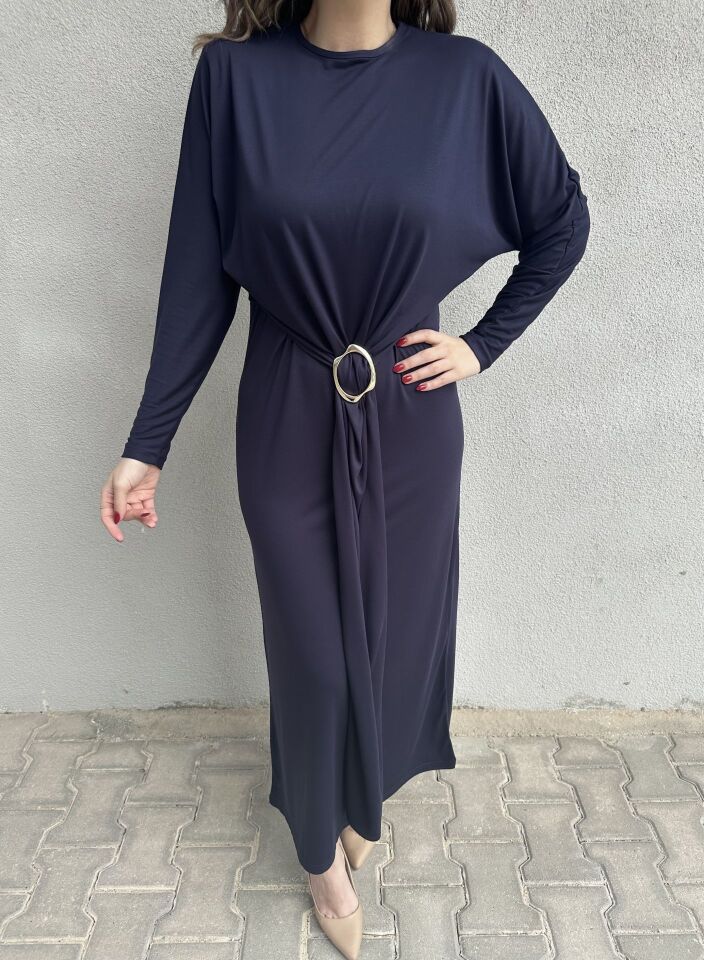 Gold Tokalı Lacivert Elbise