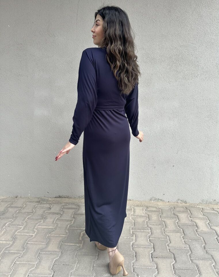 Gold Tokalı Lacivert Elbise