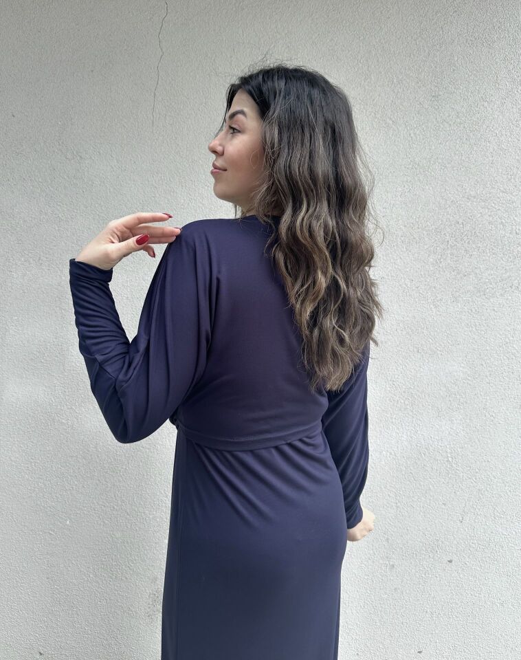 Gold Tokalı Lacivert Elbise