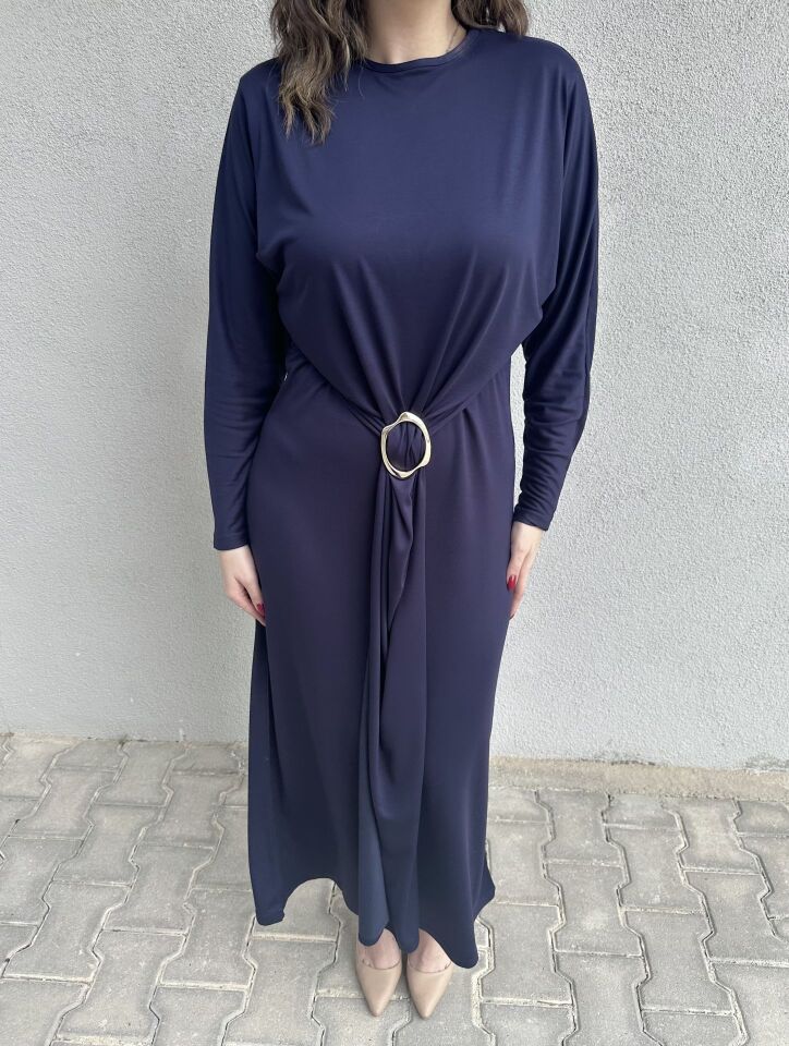 Gold Tokalı Lacivert Elbise