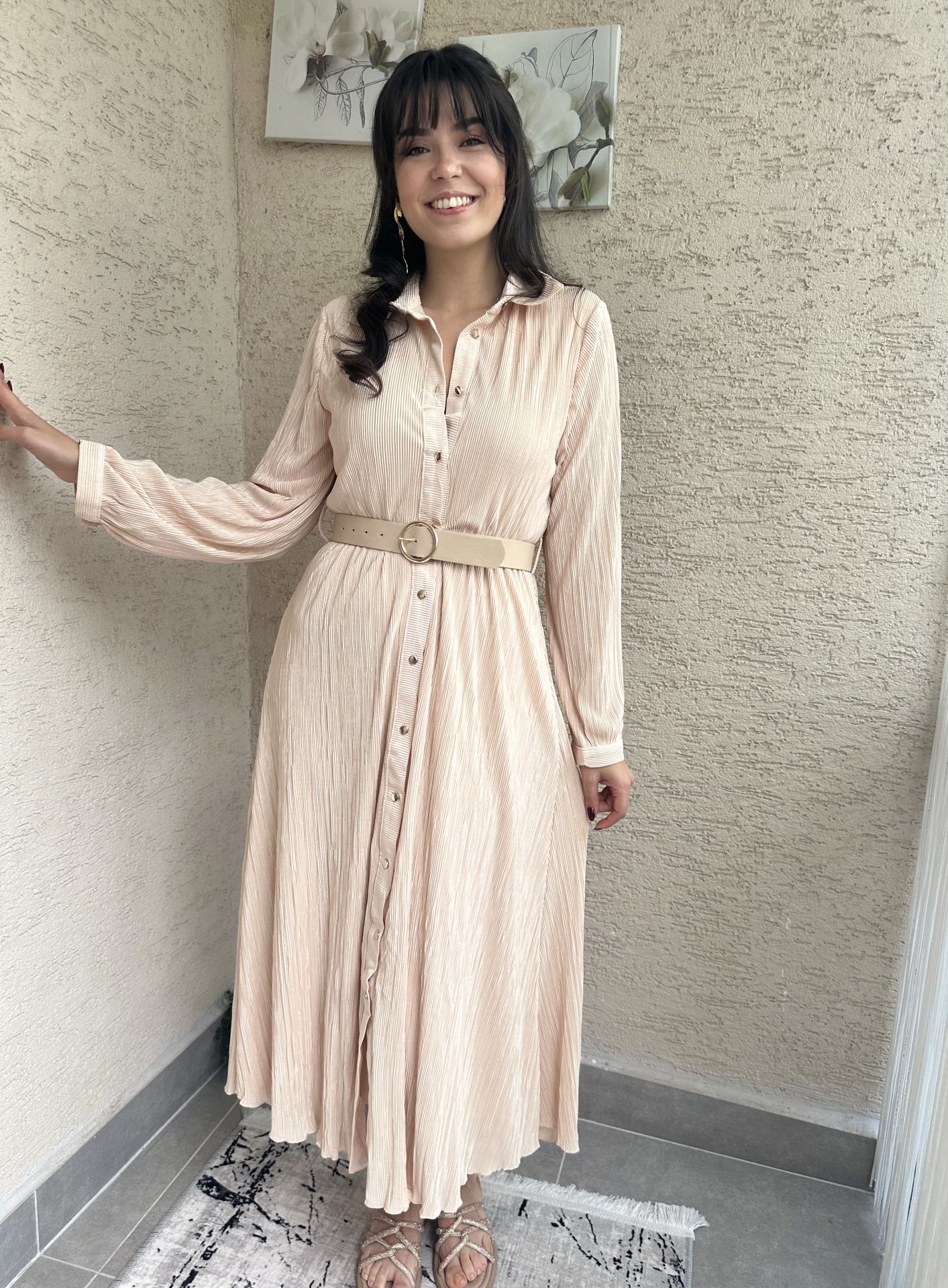 Somon Uzun Kollu Piliseli Elbise