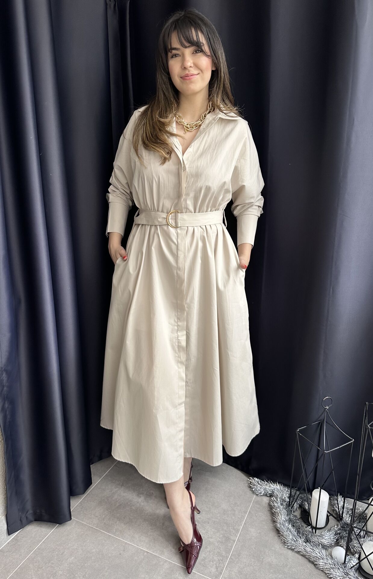 Sali Taş Uzun Kollu Kuşaklı Elbise