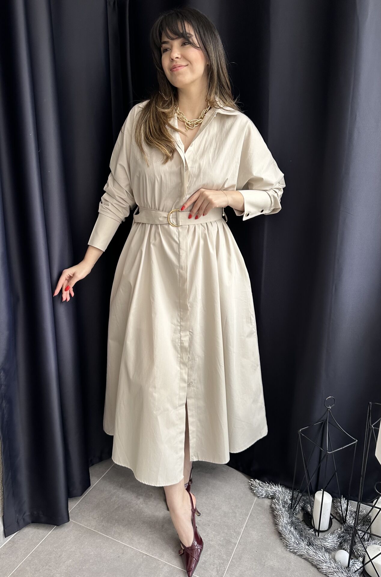 Sali Taş Uzun Kollu Kuşaklı Elbise