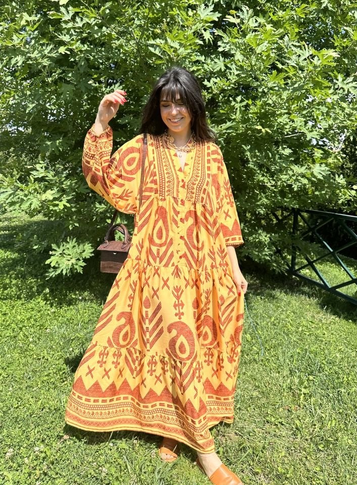 Katleya Sarı-Kahve Desenli Maksi Elbise
