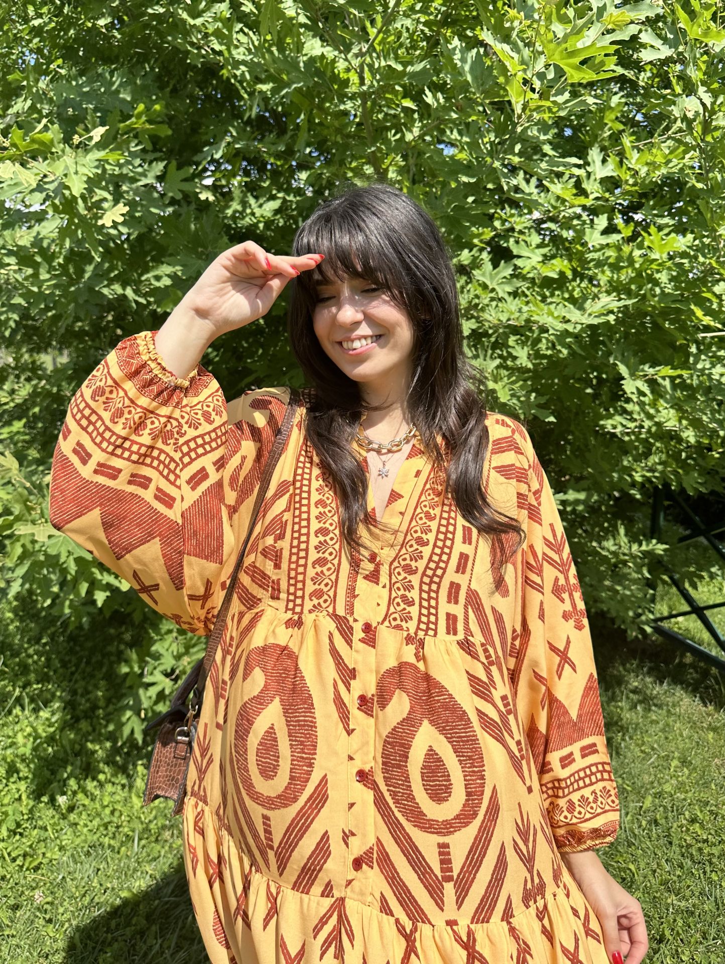 Katleya Sarı-Kahve Desenli Maksi Elbise