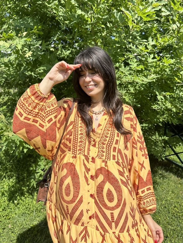 Katleya Sarı-Kahve Desenli Maksi Elbise