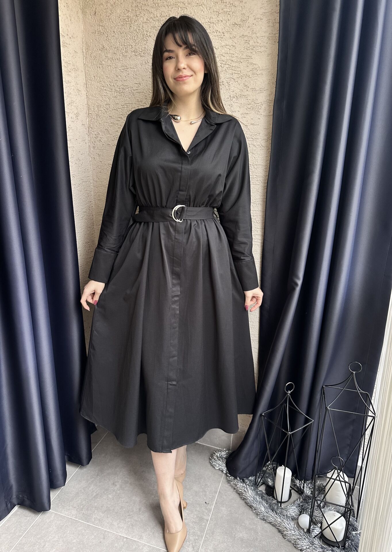 Sali Siyah Uzun Kollu Kuşaklı  Elbise