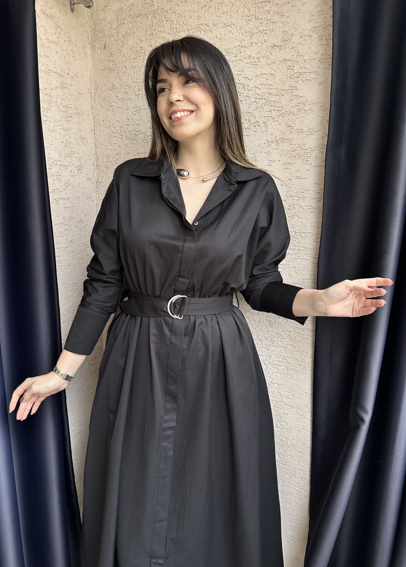 Sali Siyah Uzun Kollu Kuşaklı  Elbise