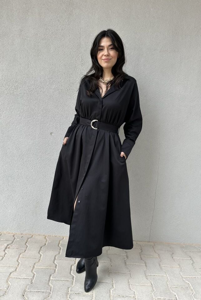Sali Siyah Uzun Kollu Kuşaklı  Elbise
