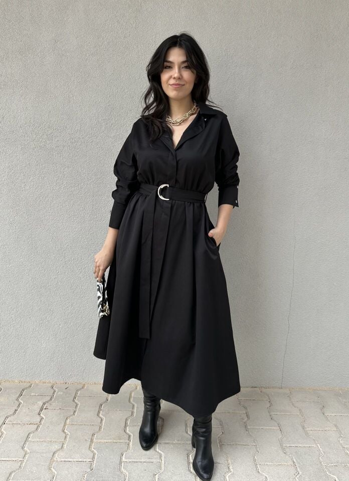 Sali Siyah Uzun Kollu Kuşaklı  Elbise