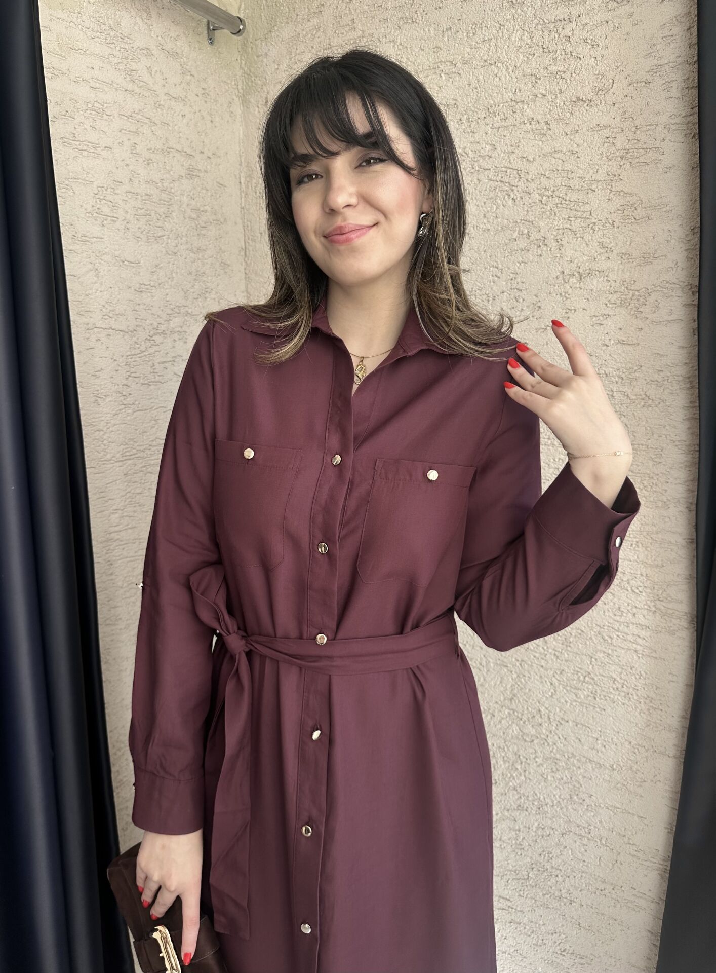 Mürdüm Kuşaklı Gömlek Elbise