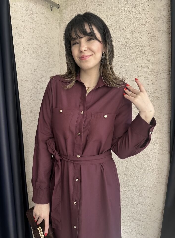 Mürdüm Kuşaklı Gömlek Elbise