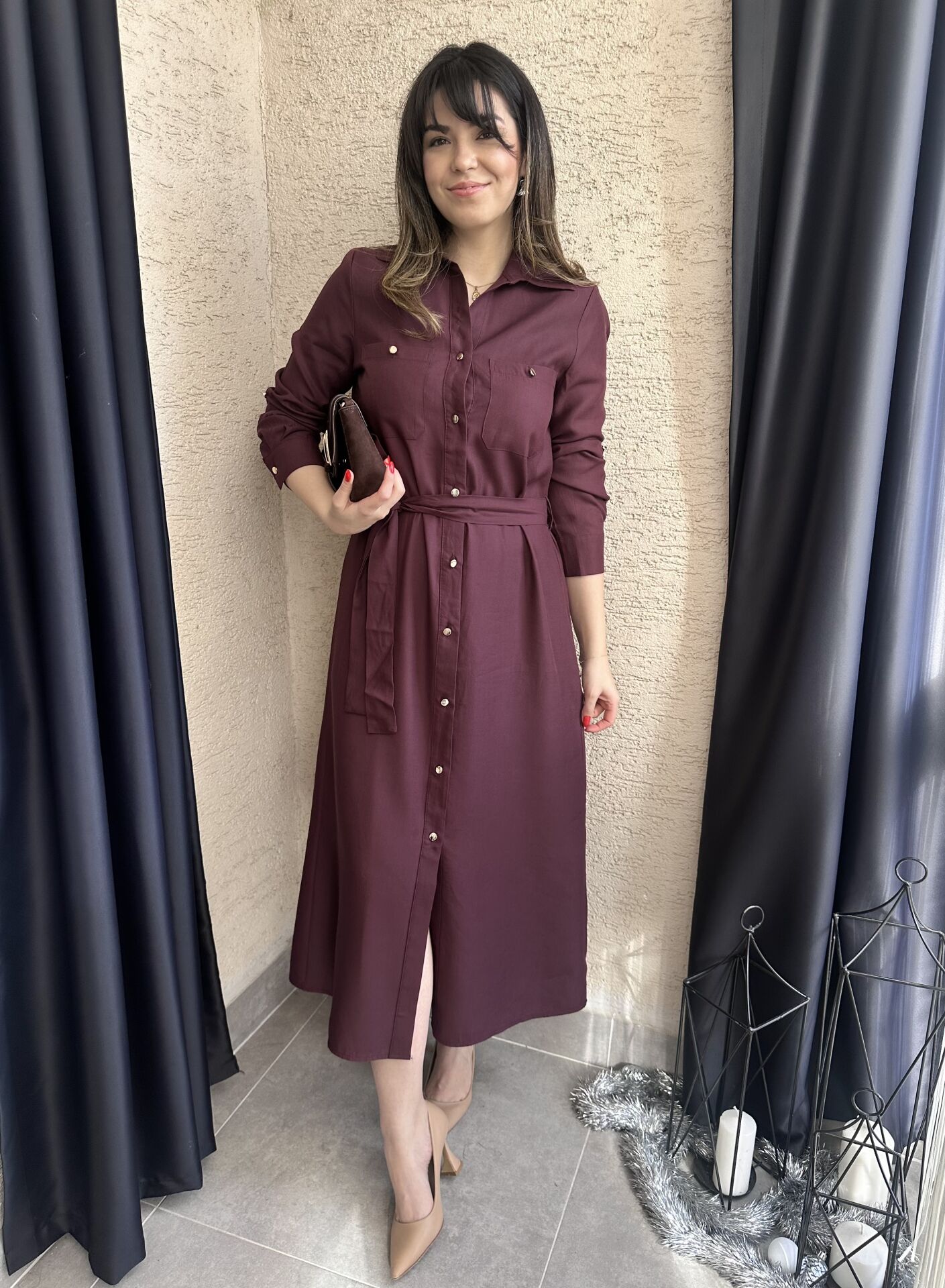 Mürdüm Kuşaklı Gömlek Elbise