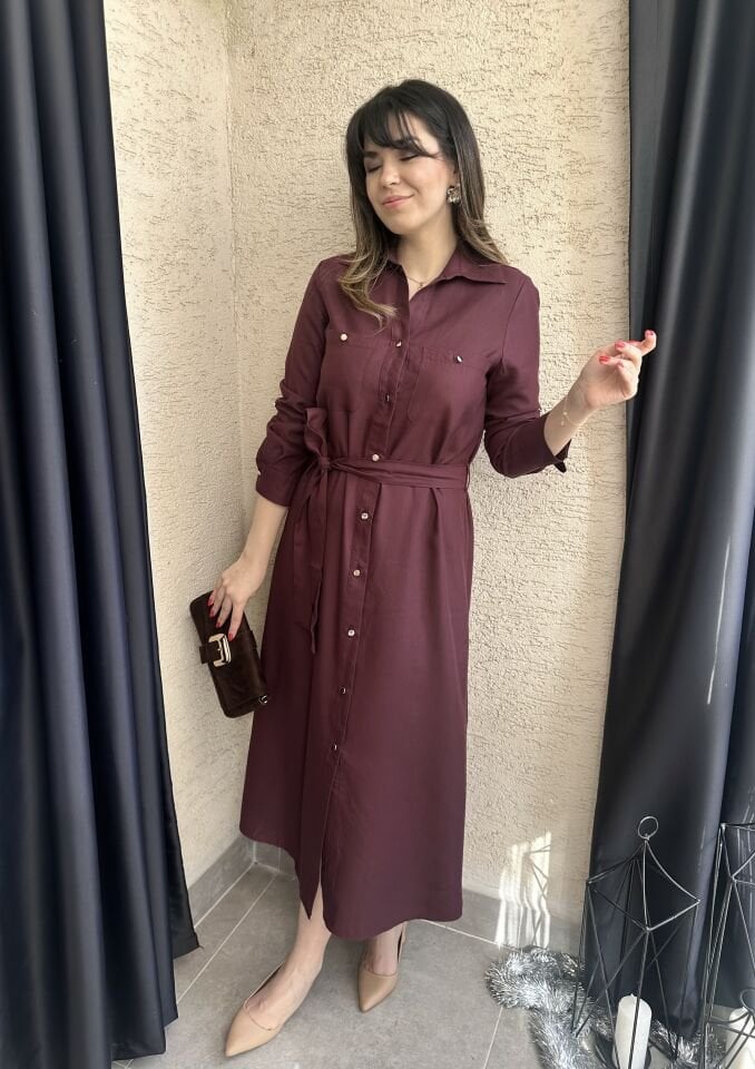 Mürdüm Kuşaklı Gömlek Elbise