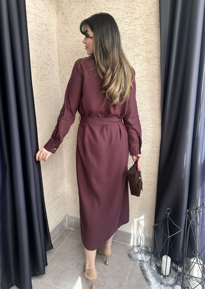 Mürdüm Kuşaklı Gömlek Elbise