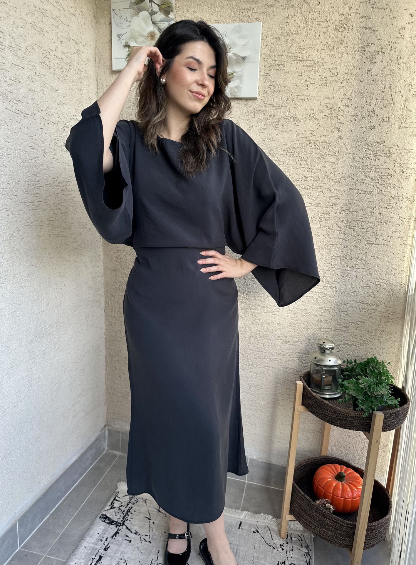 Yarasa Kol Tensel Elbise Siyah