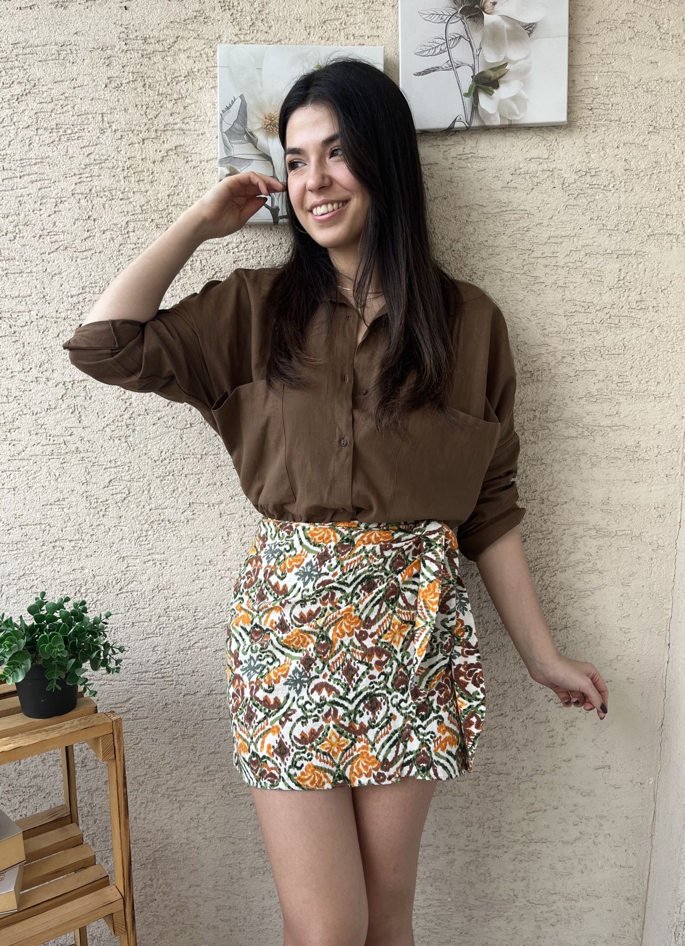 Çok Renkli Desenli Keten Mini Etek