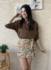 Çok Renkli Desenli Keten Mini Etek
