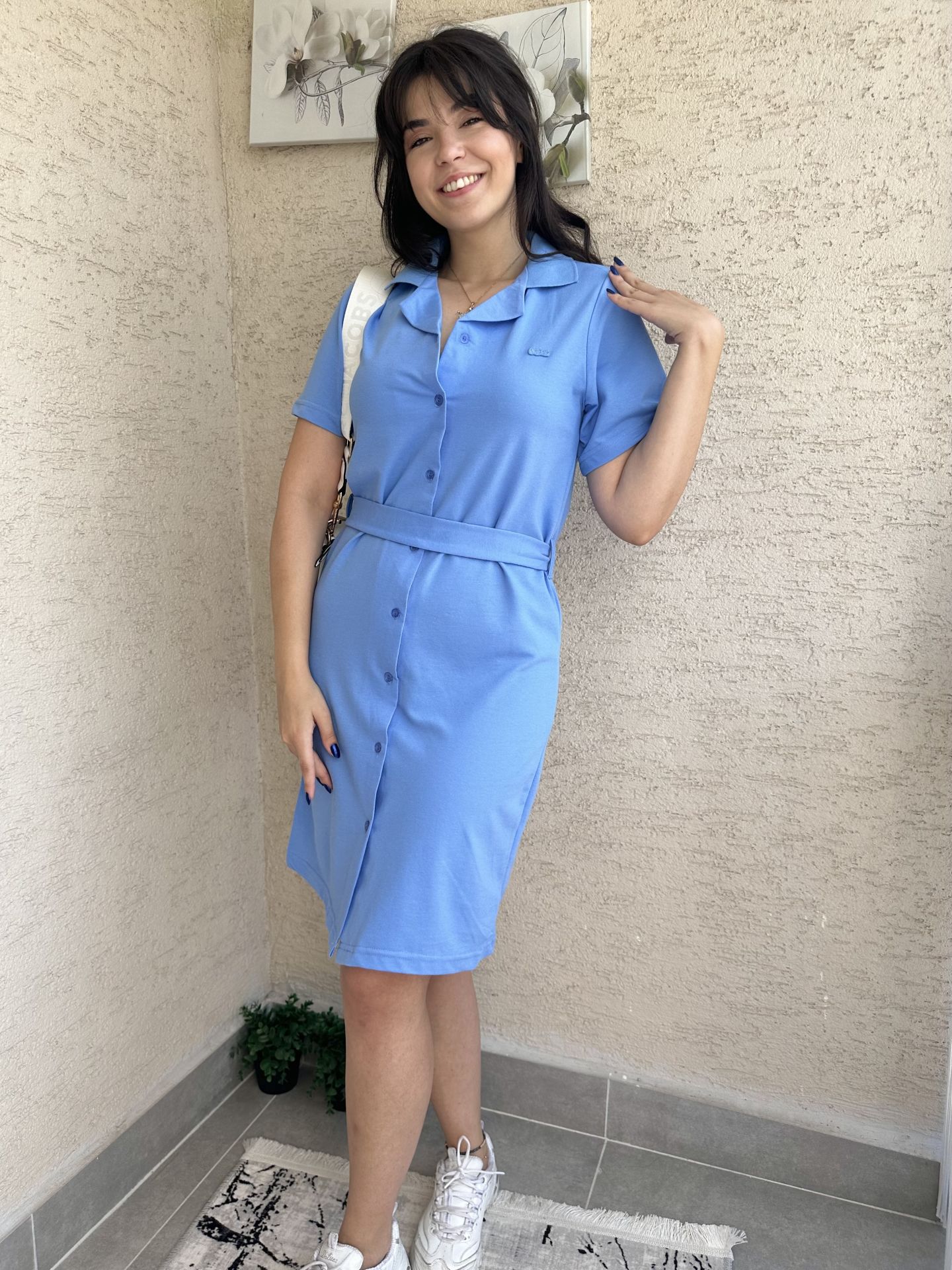 Turkuaz Lcst Kuşaklı Gömlek Elbise